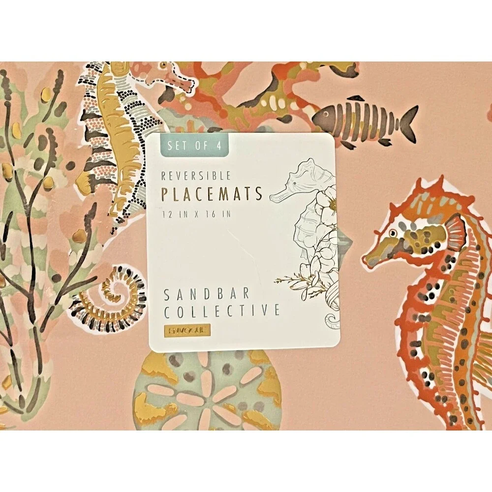 Envogue Cork Placemats Set Of 4 Pink Teal Reversible Starfish Seahorse 12x16